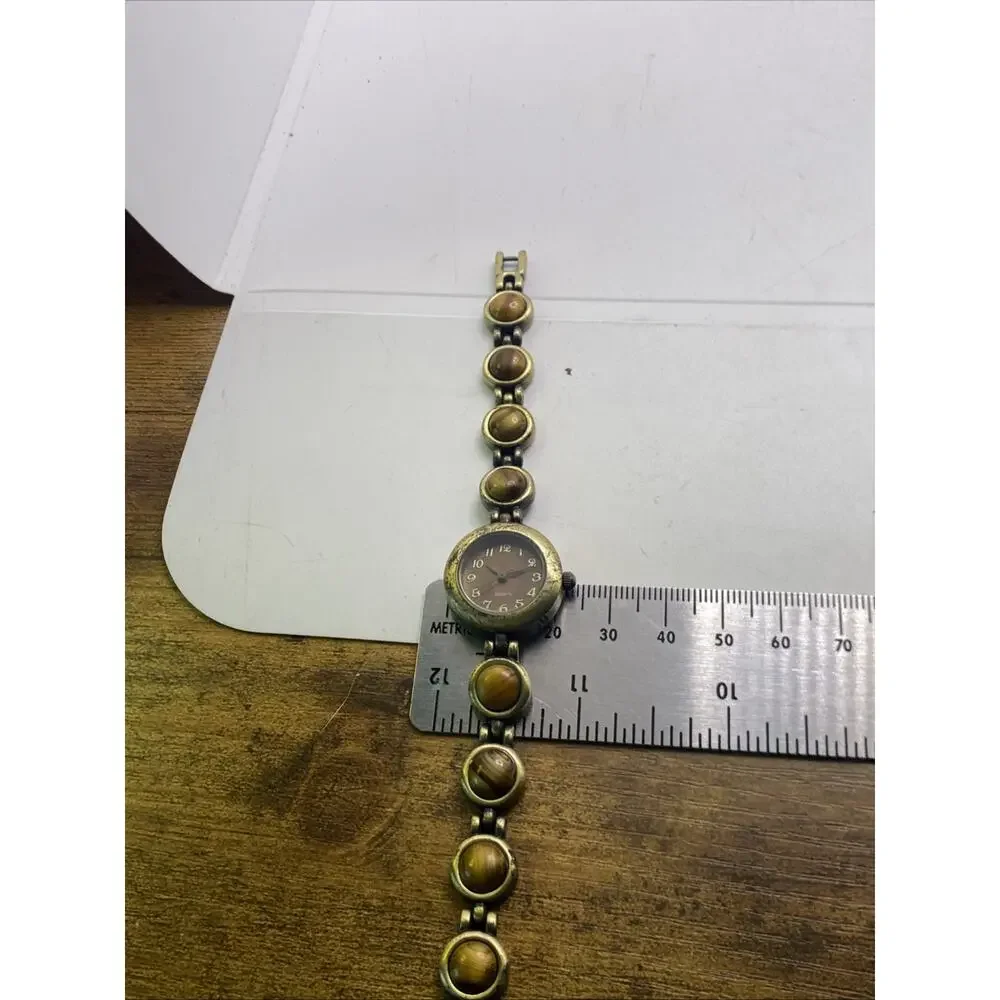 Vintage Brass Tone Tiger Eye Womens Watch New Battery
